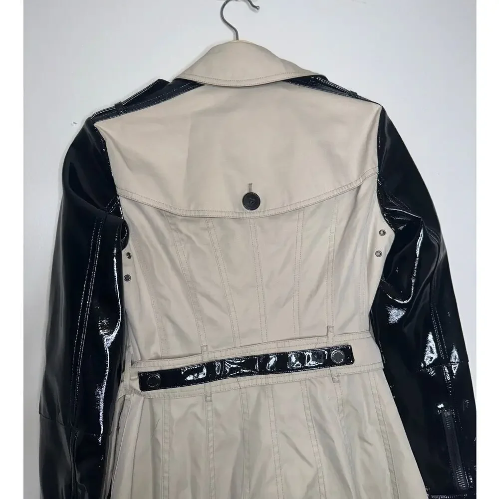 Burberry Patent Leather Sleeve Gabardine Trench Coat Black Tan US 4 - Picture 10 of 12